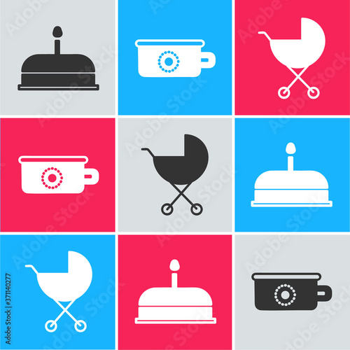 Set Cake with burning candles, Baby potty and Baby stroller icon. Vector.