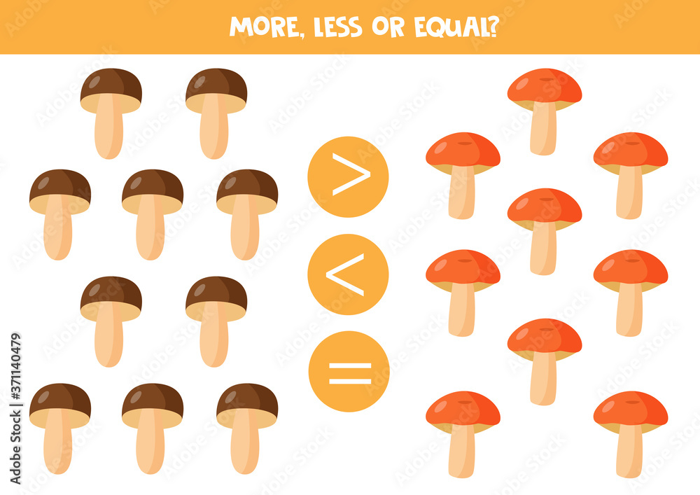 More, less or equal with cute forest mushrooms. More, less or equal with cute forest mushrooms.