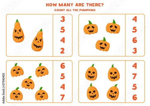 Counting Halloween jack o lantern pumpkin. Math game.