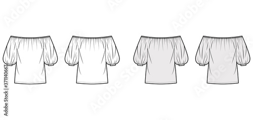 Off-the-shoulder blouse technical fashion illustration with elbow billowy sleeves, elasticated gathered neckline. Flat apparel top template front, back white grey color. Women men unisex shirt mockup