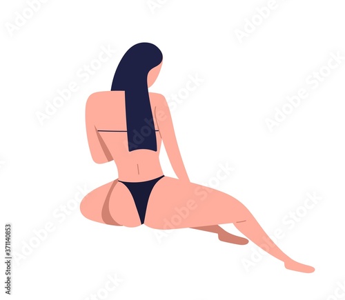 Posing slim brunette girl in bikini with fit figure. Female character in black underwear. Woman back in swimsuit with long hair. Flat vector cartoon illustration isolated on white background
