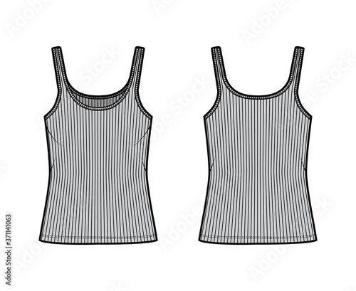 Ribbed cotton-jersey tank technical fashion illustration with scoop neck, relaxed fit knit, tunic length. Flat outwear camisole apparel template front back grey color. Women men unisex shirt top CAD