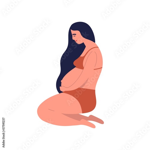 Pregnant young brunette woman awaiting baby birth. Mother sitting in underwear with long black hair holding belly. Happy pregnancy period. Flat vector cartoon illustration isolated on white background