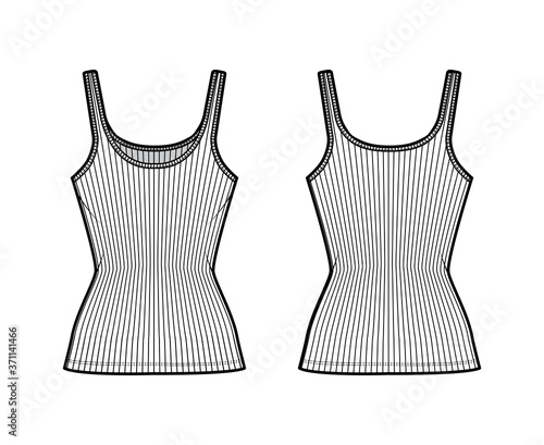 Ribbed cotton-jersey tank technical fashion illustration with scoop neck, close fit knit, tunic length. Flat outwear camisole apparel template front back white color. Women men unisex shirt top mockup