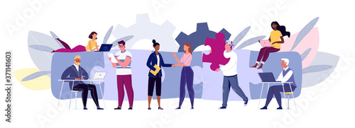 Business team metaphor. The concept of building a business system, solving problems, brainstorming, recruiting, teamwork, collaboration. Vector illustration in flat cartoon style.