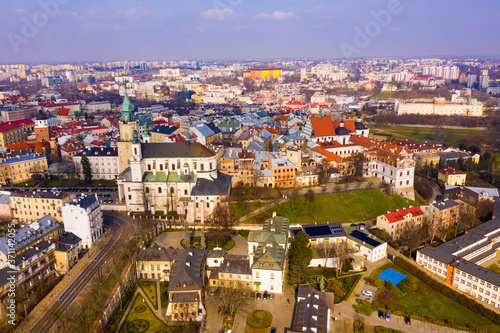 Aerial view of historic center of Lublin overlooking Dominican monastery and Catholic Archcathedral in spring day, Poland