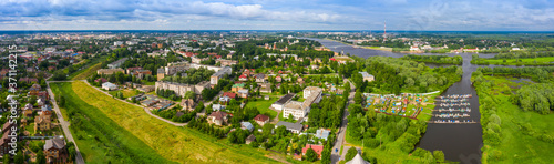 View of the beautiful ancient Veliky Novgorod, the old part of the city and the Kremlin in summer from a height