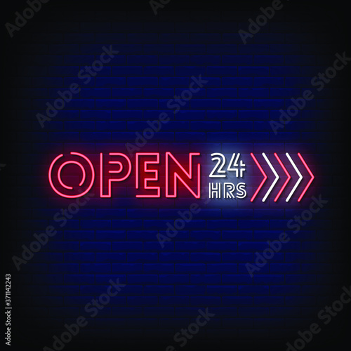 open 24 Hours Neon Signs Style Text Vector