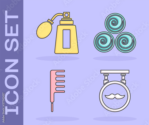 Set Barbershop, Aftershave bottle with atomizer, Hairbrush and Towel rolls icon. Vector.
