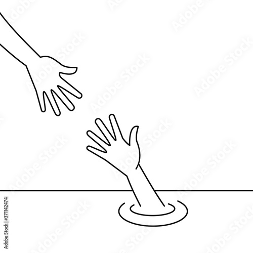 Helping hand. Saving lives concept. Support, care, hope concept. Hand reach to another drowning person hand. Suicide prevention. Black outline on white background. Vector illustration, flat, clip art.