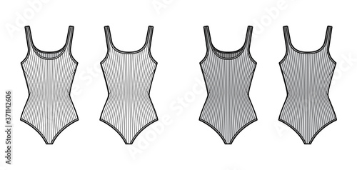 Ribbed cotton-jersey tank bodysuit technical fashion illustration with fitted knit body, sleeveless. Flat outwear cami apparel template front, back, white, grey color. Women men unisex top CAD mockup.