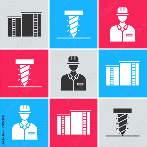Set Oil industrial factory building, Rotating drill digging a hole and Oilman icon. Vector.
