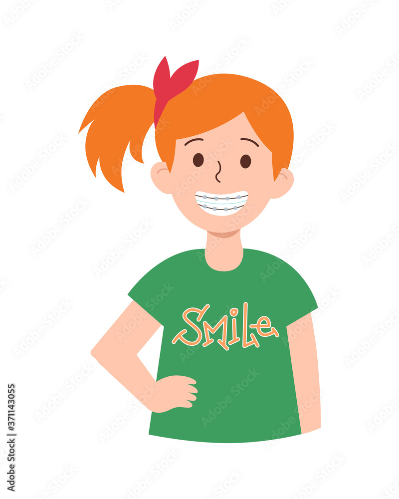 Cute redhead kid girl smiling with teeth braces. Hand-drawn cartoon vector illustration with smile lettering. Children's dental clinic, tooth care concept. Character for poster, web banner, print Cute redhead kid girl smiling with teeth braces. Hand-drawn cartoon vector illustration with smile lettering. Children's dental clinic, tooth care concept. Character for poster, web banner, print