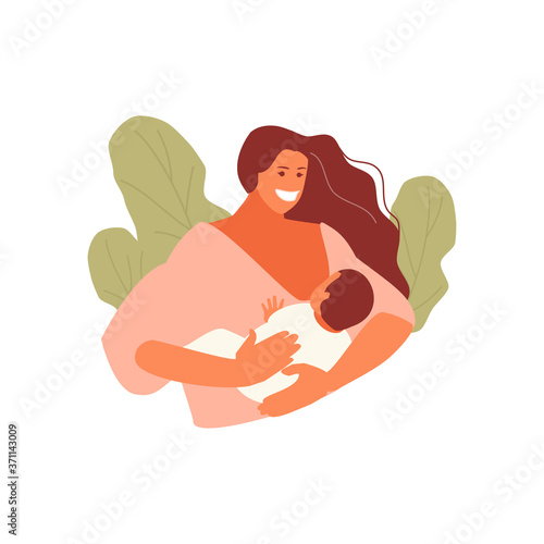 Happy mother is breastfeeding her baby. Vector illustration