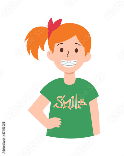 Cute redhead kid girl smiling with teeth braces. Hand-drawn cartoon vector illustration with smile lettering. Children's dental clinic, tooth care concept. Character for poster, web banner, print