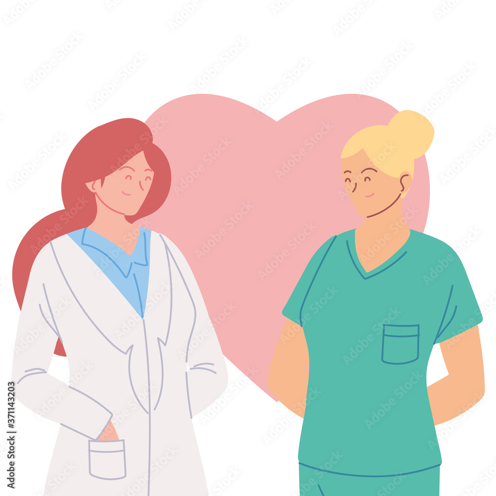 women doctors with uniforms in front of heart vector design women doctors with uniforms in front of heart vector design