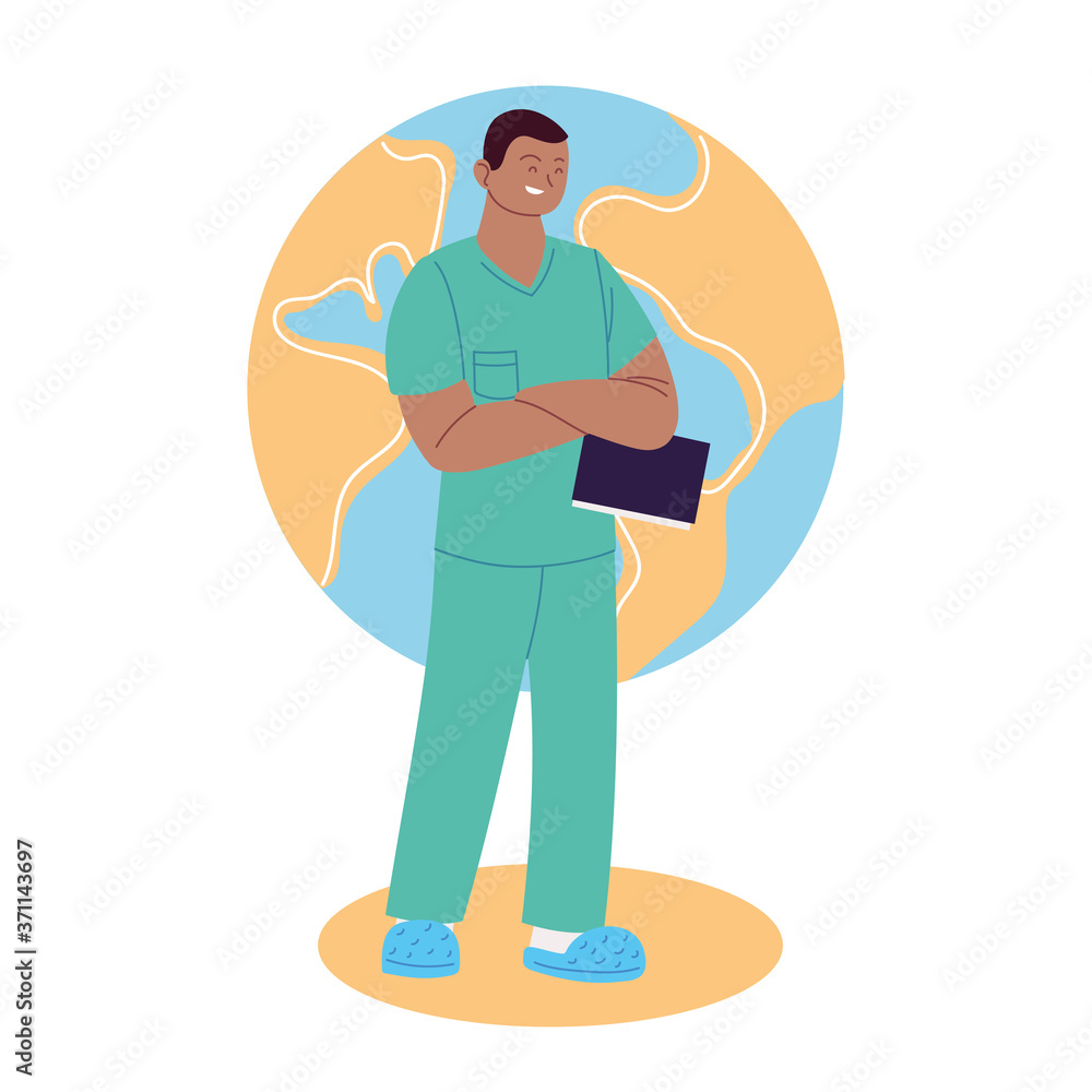 man doctor with uniform in front of world sphere vector design