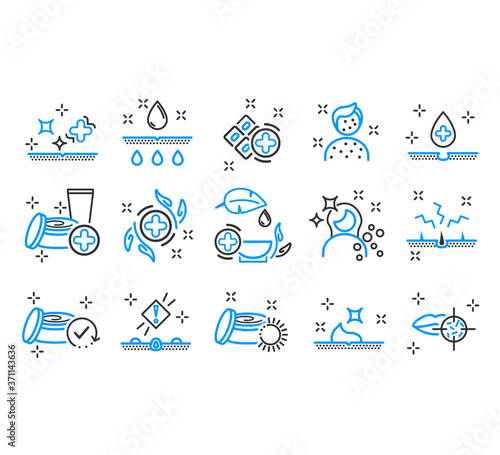 Dermatology icon set in blue colored style. Skin care line icons. Collagen, Cream, Serum oil and Skincare