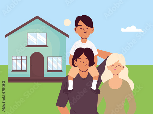 Mother father and son cartoons in front of house vector design