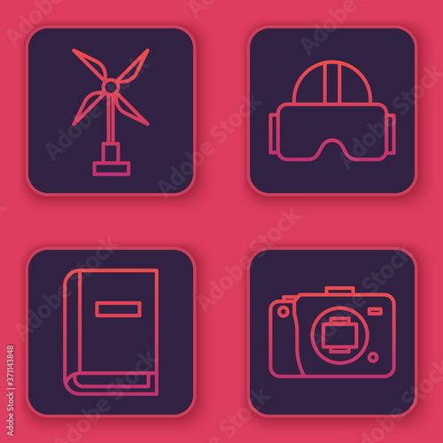 Set line Wind turbine, User manual, Virtual reality glasses and Mirrorless camera. Blue square button. Vector.