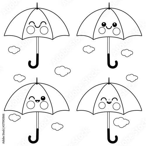 Cute umbrella characters. Vector black and white coloring page