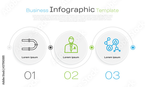 Set line Industry pipe, Businessman or stock market trader and Molecule oil. Business infographic template. Vector.