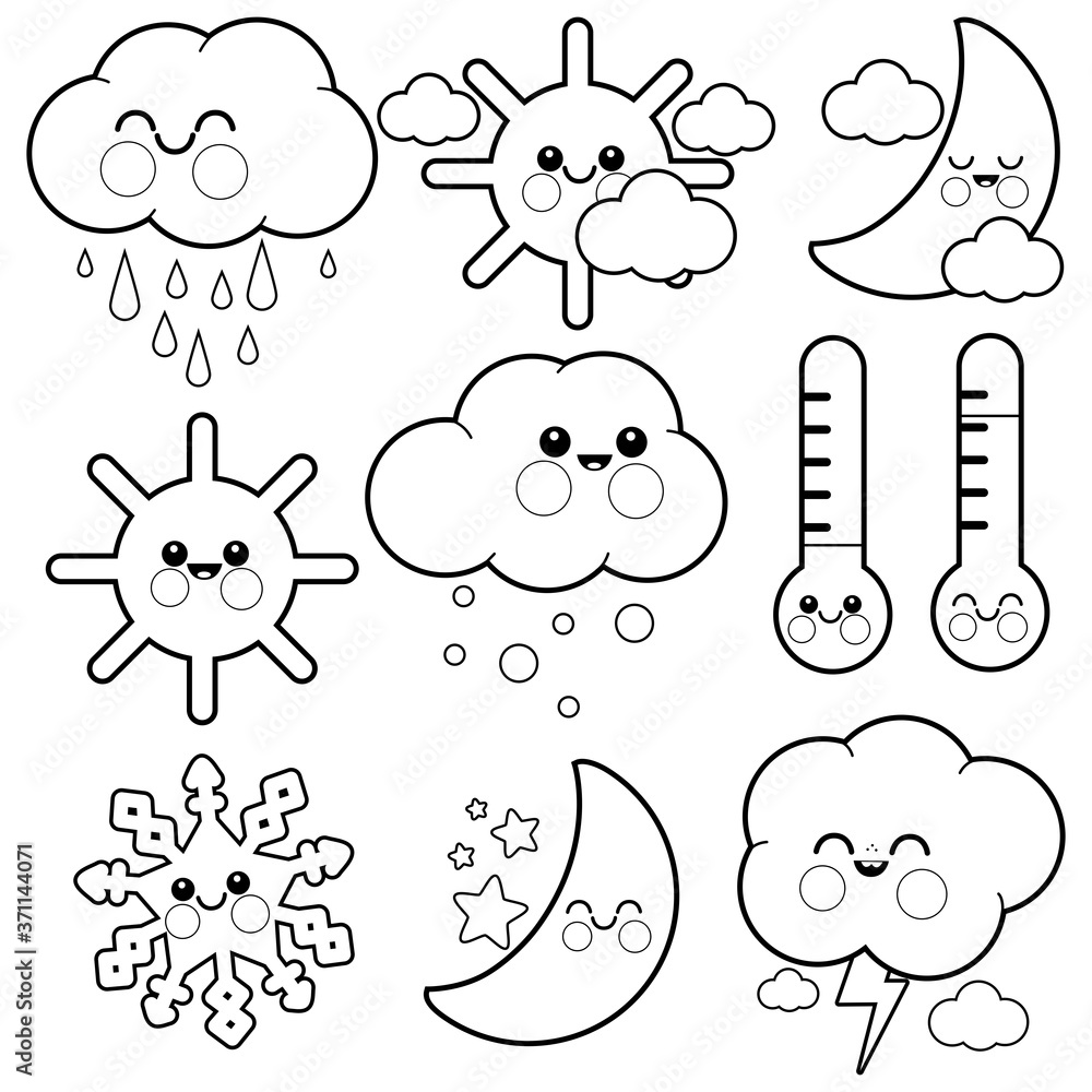 Cute weather icons. Vector black and white coloring page Stock Vector