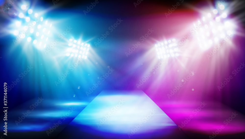 The stage in the stadium illuminated by floodlights. Empty runway before fashion  show. Colorful background. Vector illustration. Stock Vector