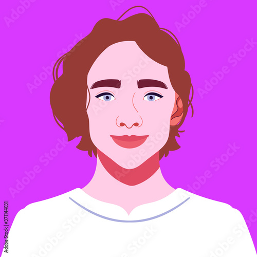 Portrait of a handsome smiling guy or student. A young attractive man with curly hair looks confident. Illustration for a profile avatar in a social network. Modern flat design.