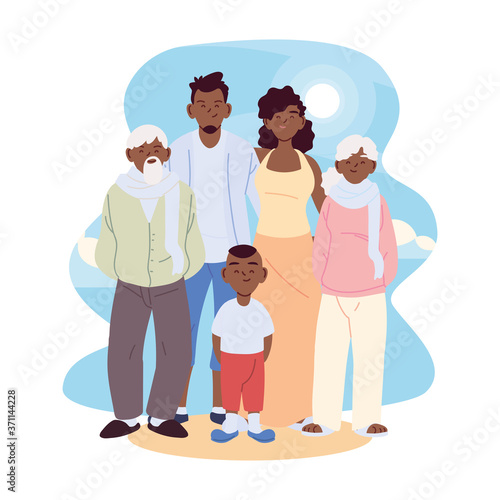 Mother father and son with grandparents cartoons vector design