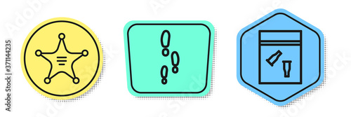 Set line Hexagram sheriff, Footsteps and Evidence bag and bullet. Colored shapes. Vector.