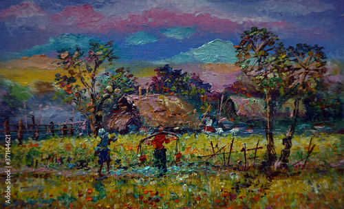 Art painting Oil color northeast  Countryside  in the provinces Thailand