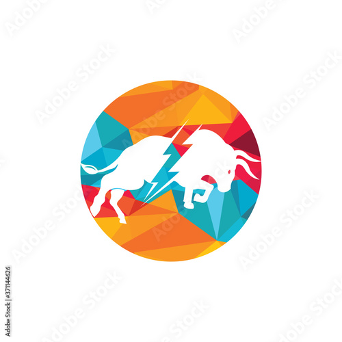 Bull with thunder logo design. Flash electric energy in bull.
