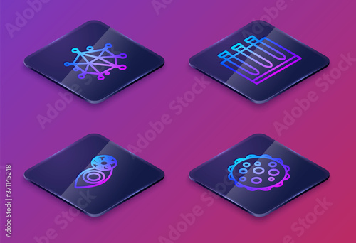Set Isometric line Virus, Reddish eye due to virus, Blood test and and . Blue square button. Vector.