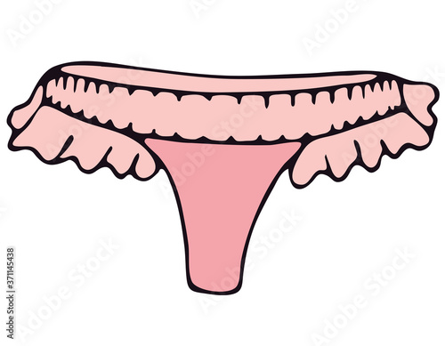 set of female sexy underwear - cute lace lace briefs with ruffles, pink vector elements in doodle style with black outline