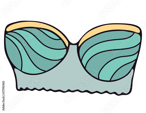 set of female sexy underwear - bra, top, top from a swimsuit, blue vector elements in doodle style with black outline
