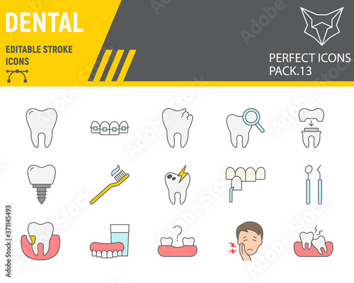 Dental color line icon set, dentistry collection, vector sketches, logo illustrations, orthodontics icons, stomatology clinic signs filled outline pictograms, editable stroke.