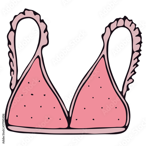 set of female sexy underwear - bra, top, top from a swimsuit, pink vector elements in doodle style with black outline