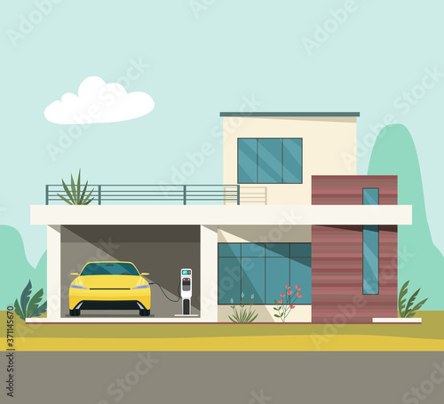 Modern house and electric car on charging against the background of an abstract landscape. Vector illustration.
