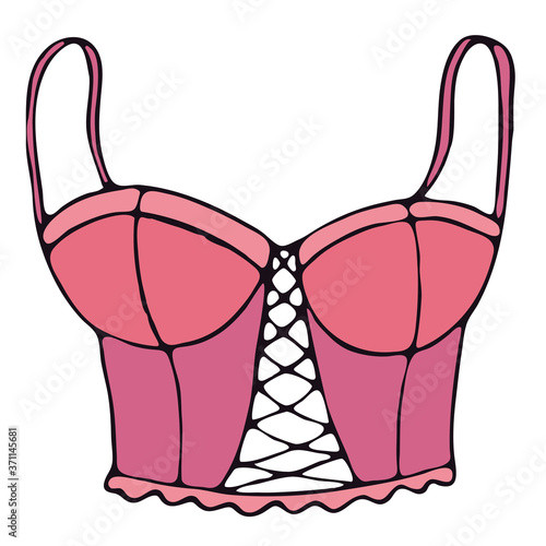 set of female sexy underwear - bra, top, top from a swimsuit, pink vector elements in doodle style with black outline
