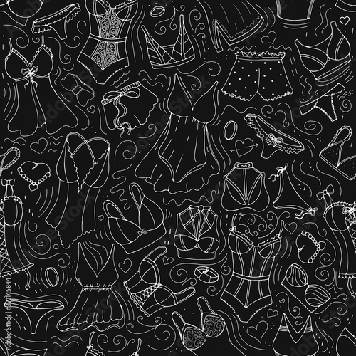 sexy underwear for women in doodle style, imitation of chalk on a blackboard, vector seamless pattern, black and white illustration