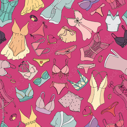 sexy underwear for women in doodle style, vector seamless pattern on a bright pink background