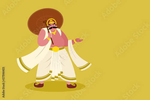 Illustration of King 'Mahabali' holding umbrella with copy space. Mahabali is the icon of Onam festival of Kerala in India.