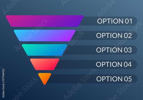 Funnel diagram with 5 steps. Marketing pyramid or sales conversion cone. Business infographic template. Vector illustration.