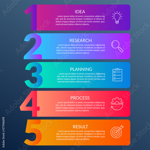 5 steps info graphic with business icons and copy space. Infographics template with outline numbers. Five parts or options for menu and  workflow layout design. Vector illustration.