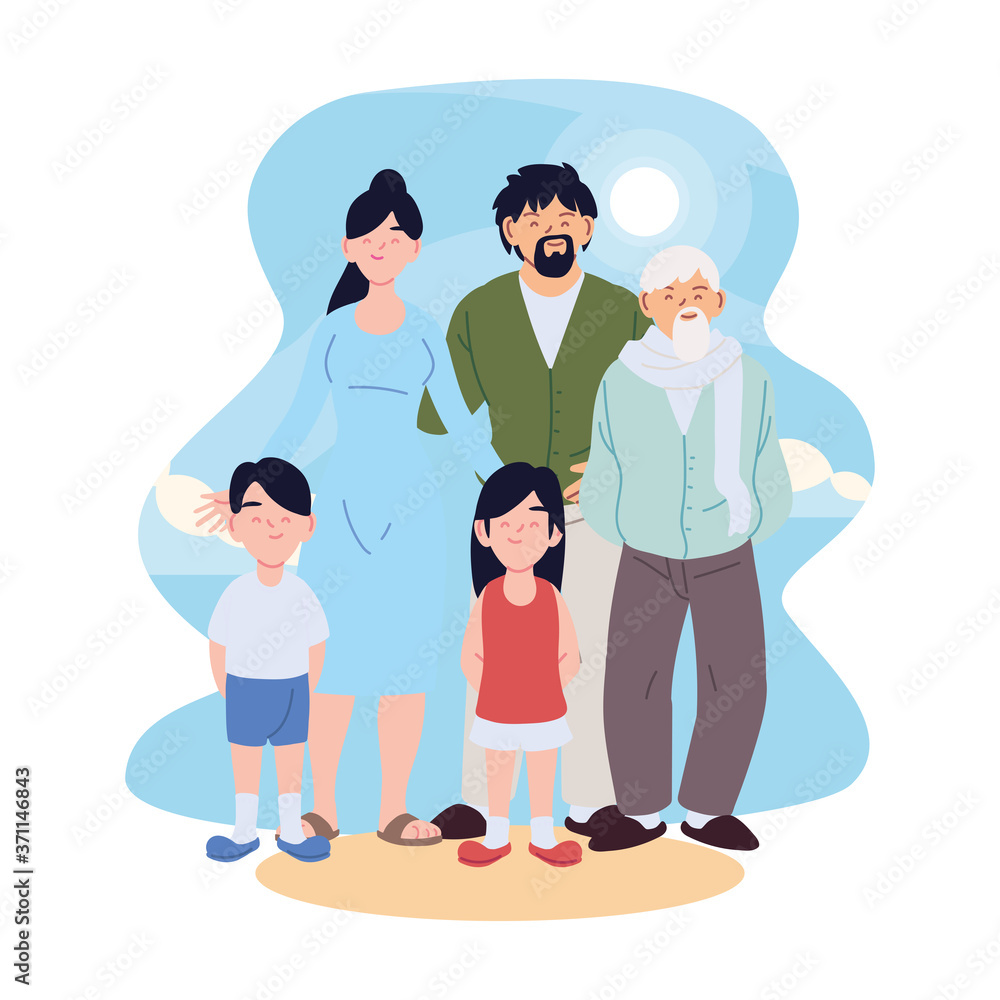 Mother father daughter and son with grandfather cartoons vector design