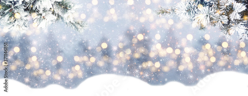 winter christmas background with snow and fir branches frame