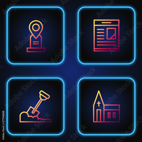Set line Church building, Shovel the ground, Location grave and Obituaries. Gradient color icons. Vector.