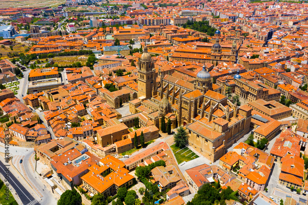 Aerial cityscape of medieval Spanish city Salamanca