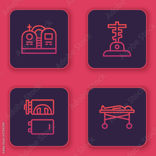 Set line Grave with tombstone, Crematorium, cross and Dead body in the morgue. Blue square button. Vector.